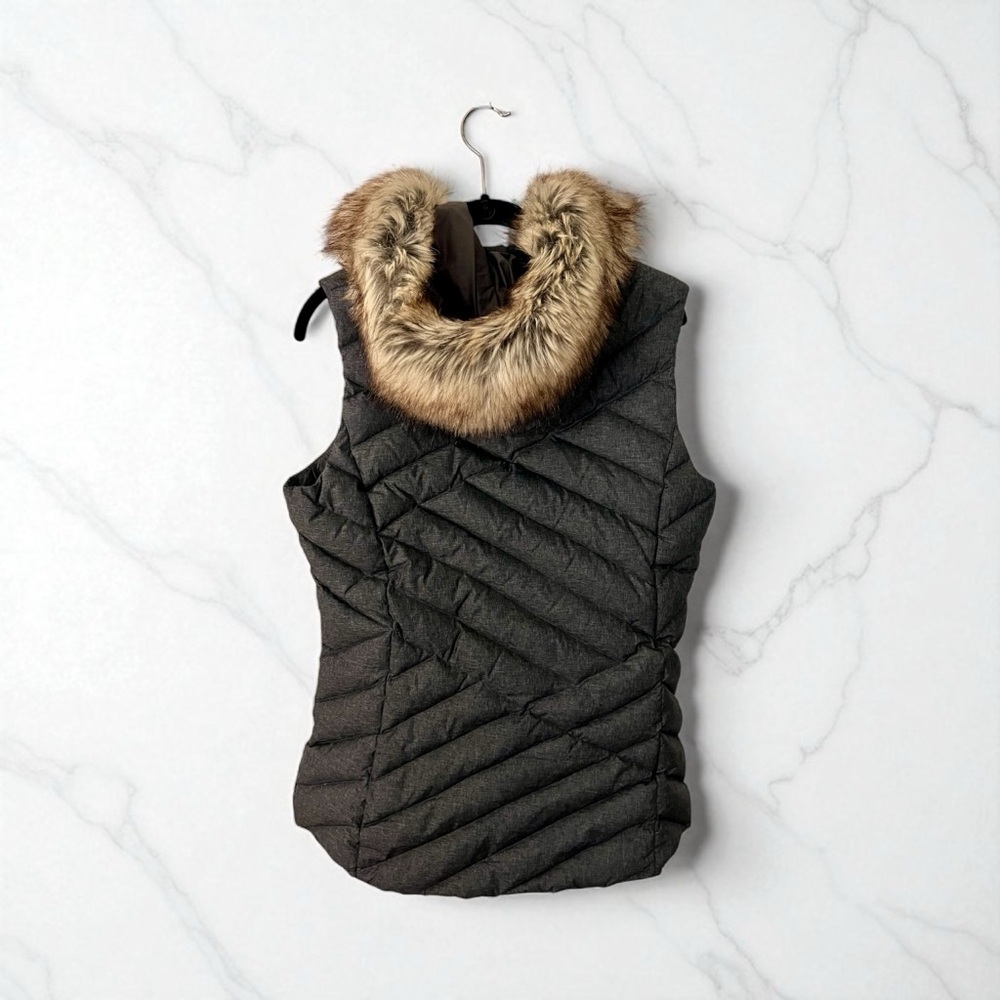 Eddie Bauer Women’s Gray -Blue Quilted Down Vest with Faux Fur Trim - Picture 2 of 4